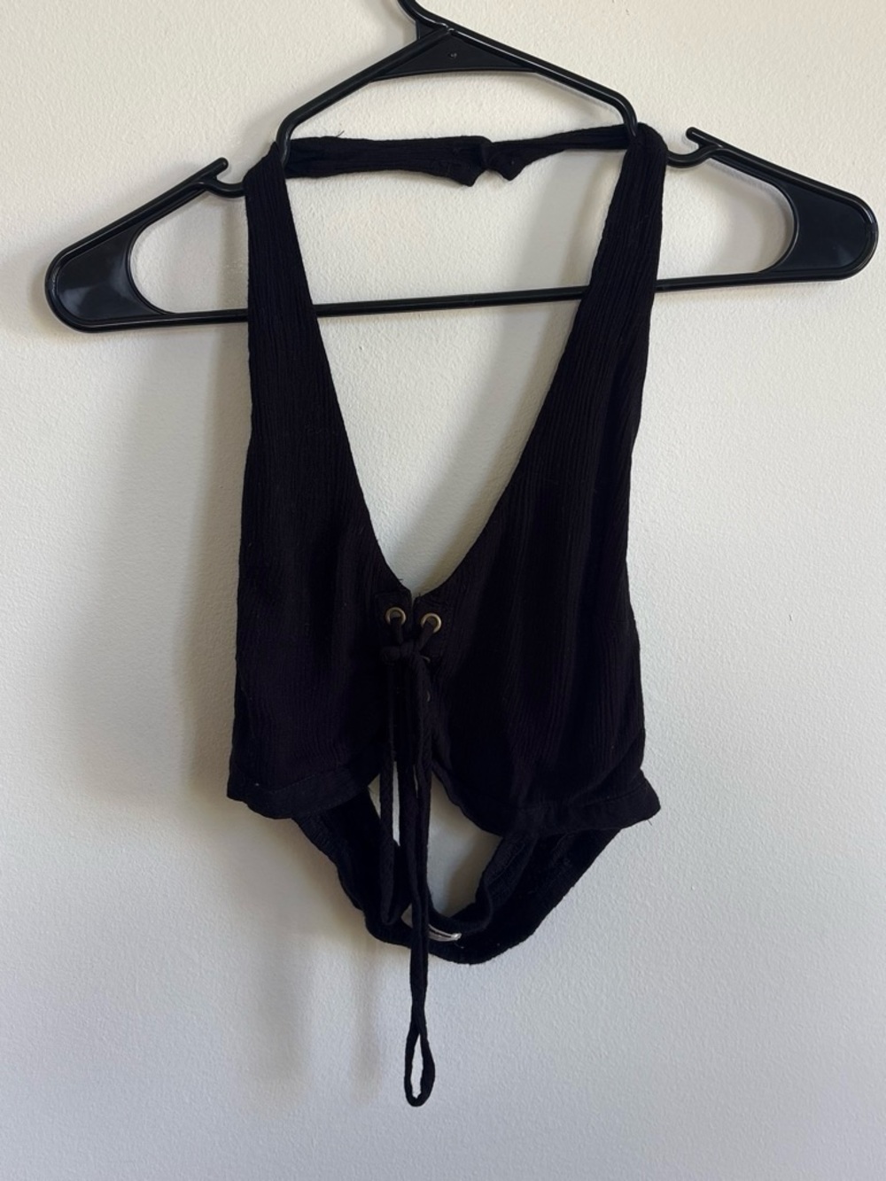 Black Lace-Up Halter Crop Top with Deep V